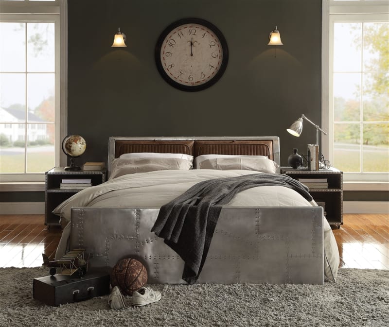 Brancaster Bed in Retro Brown Top Grain Leather & Aluminum Finish by Acme - 26220Q