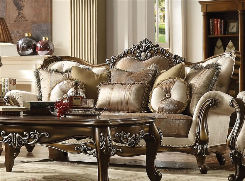 Latisha Sofa in Tan, Pattern Fabric & Antique Oak Finish by Acme - 52115