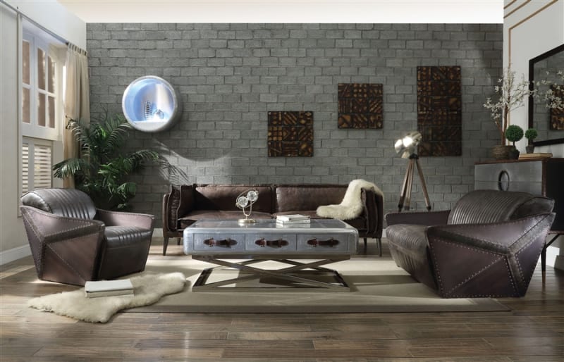 Winchester 2 Piece Sofa Set in Distress Chocolate/Espresso Top Grain Leather Finish by Acme - 52480-52481-S