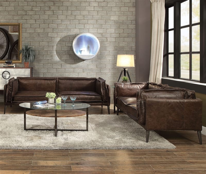 Porchester 2 Piece Sofa Set in Distress Chocolate Top Grain Leather Finish by Acme - 52480-S