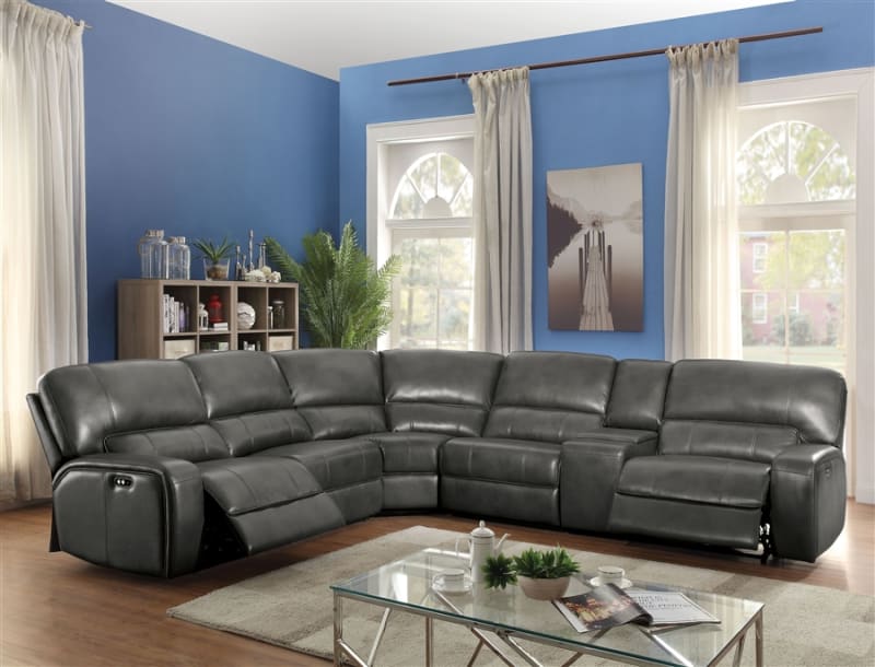 Saul 6 Piece Power Motion Sectional in Gray Leather-Aire Finish by Acme - 53745