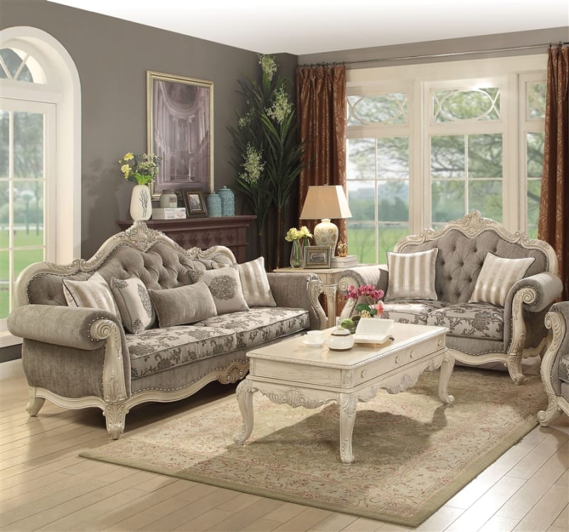 Ragenardus 2 Piece Sofa Set in Gray Fabric & Antique White Finish by Acme - 56020-S