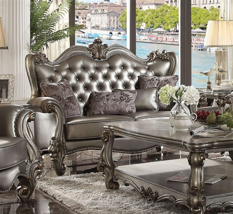 Versailles Loveseat in Silver PU & Antique Platinum Finish by Acme - 56821