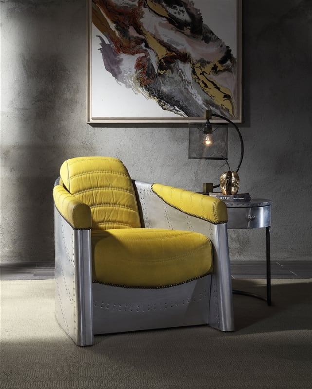 Brancaster Accent Chair in Yellow Top Grain Leather & Aluminum Finish by Acme - 59624
