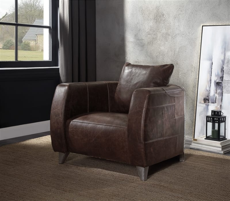 Kalona Accent Chair in Distress Chocolate Top Grain Leather & Aluminum Finish by Acme - 59717