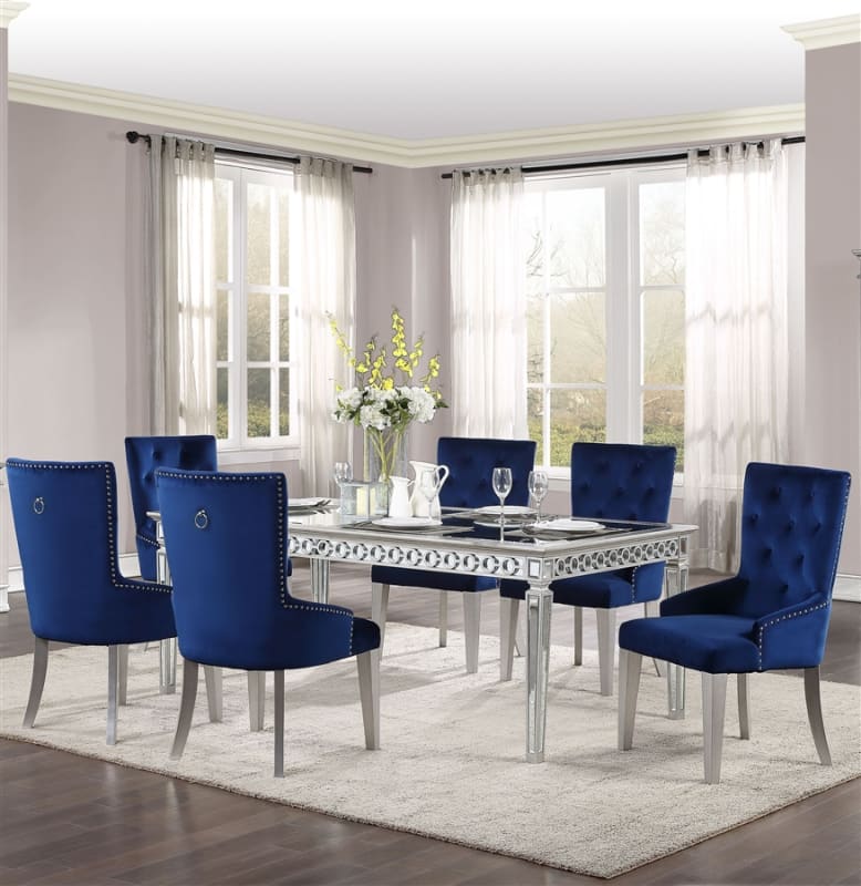 Varian 7 Piece Dining Room Set in Fabric, Mirrored & Antique Platinum Finish by Acme - 66155