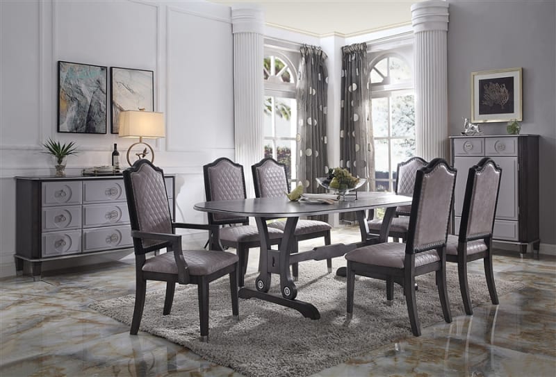 House Beatrice 7 Piece Dining Room Set in Two Tone Gray Fabric, Light Gray & Charcoal Finish by Acme - 68810