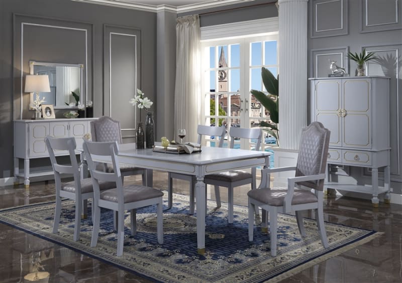 House Marchese 7 Piece Dining Room Set in Two Tone Gray Fabric & Pearl Gray Finish by Acme - 68860