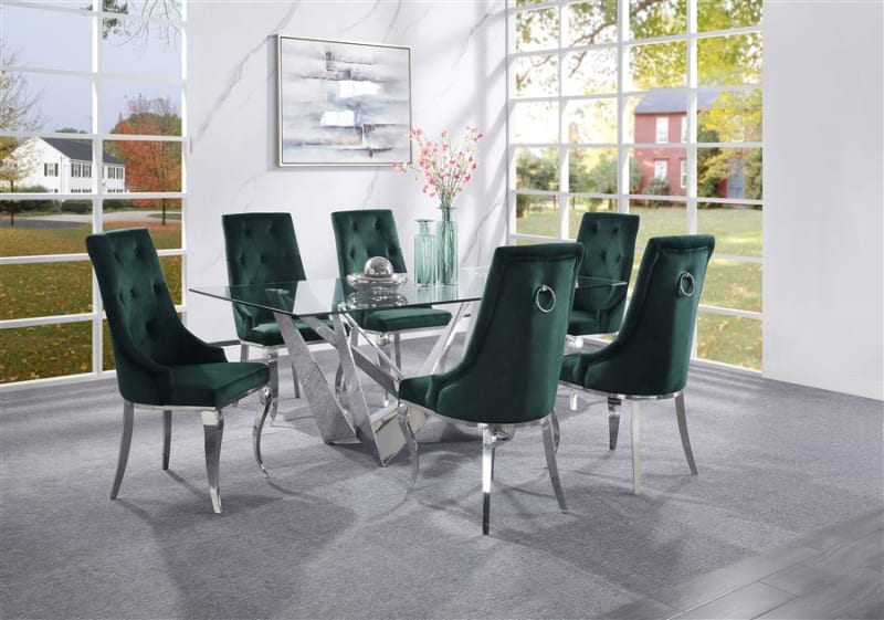 Dekel 7 Piece Dining Room Set with Green Fabric Chairs by Acme - 70140-70142