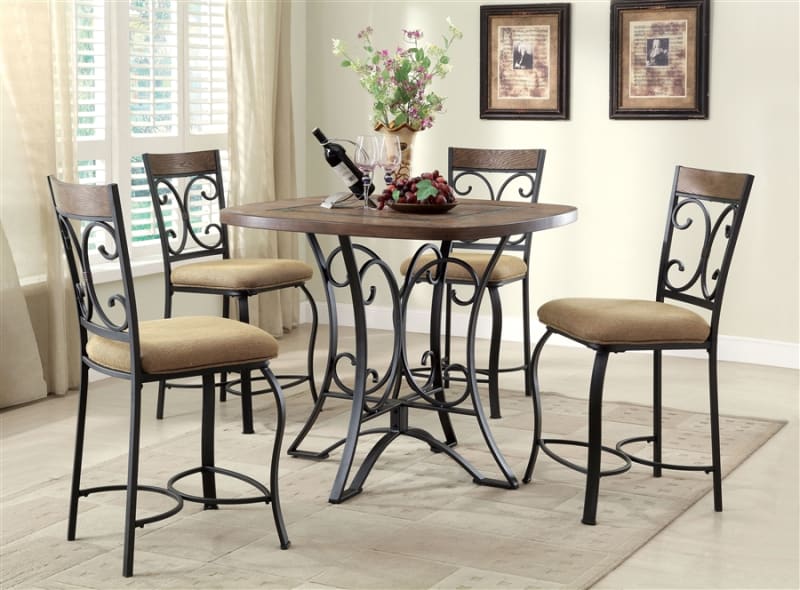 Kiele 5 Piece Counter Height Dining Set in Oak & Antique Black Finish by Acme - 71155-71157