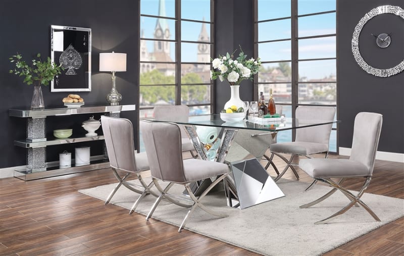 Noralie 7 Piece Dining Room Set in Faux Diamonds & Clear Glass Finish by Acme - 71280-71182