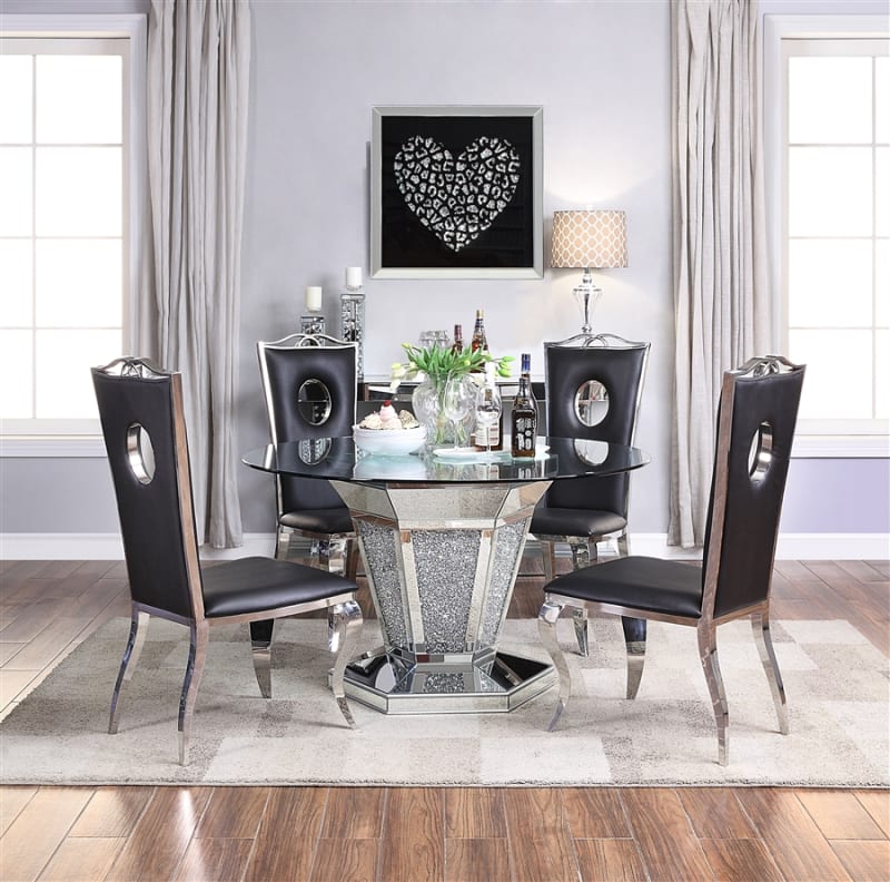Noralie 5 Piece Round Table Dining Room Set in Faux Diamonds & Clear Glass Finish by Acme - 71285-62078