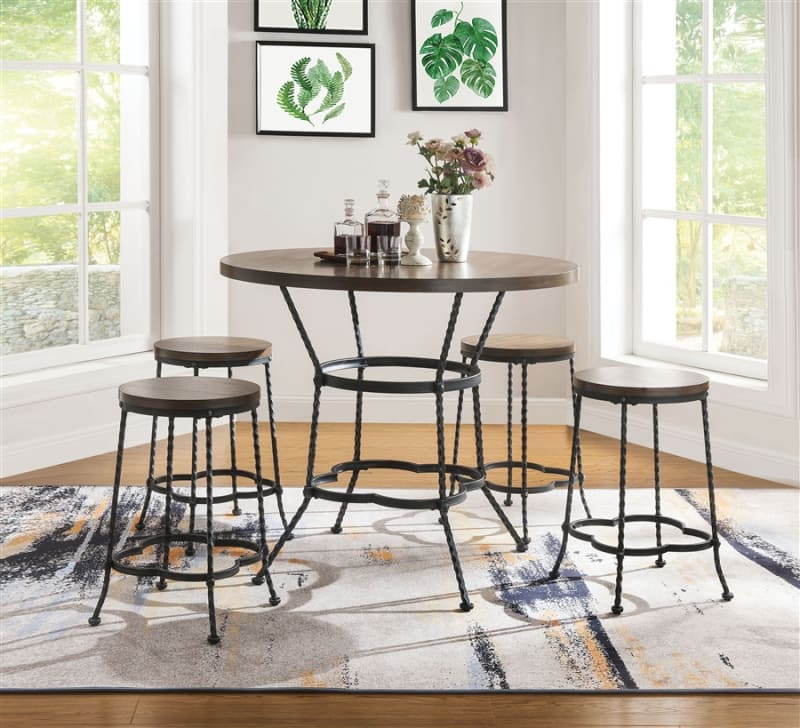 Qamar 5 Piece Round Table Counter Height Dining Set in Oak & Antique Black Finish by Acme - 71890