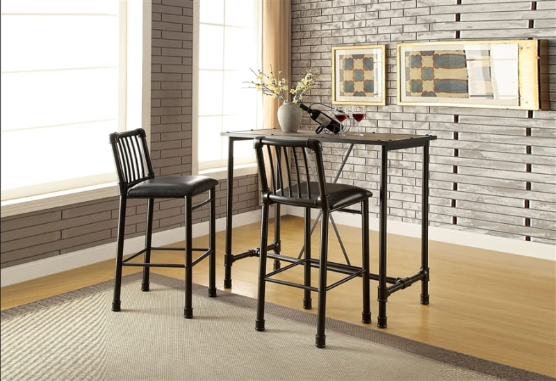 3 Piece Caitlin Bar Table Set in Rustic Oak & Black Finish by Acme - 72030