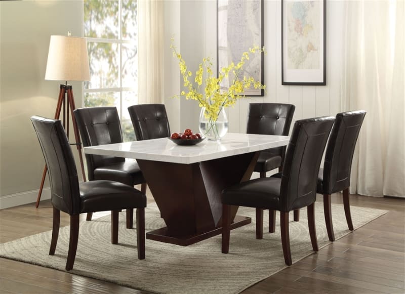 Forbes 7 Piece Dining Room Set in White Marble & Walnut Finish by Acme - 72120-07054