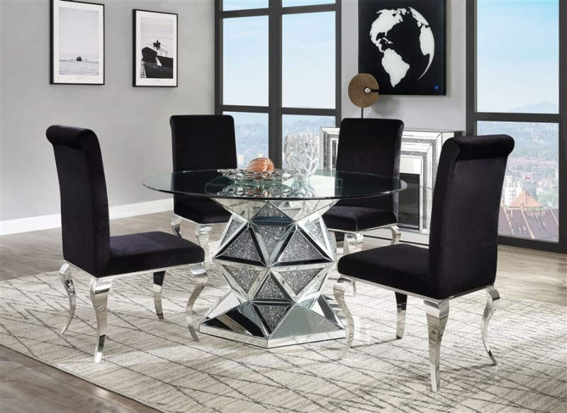 Noralie 5 Piece Round Table Dining Room Set in Mirrored, Faux Diamonds & Clear Glass Finish by Acme - 72145-62072