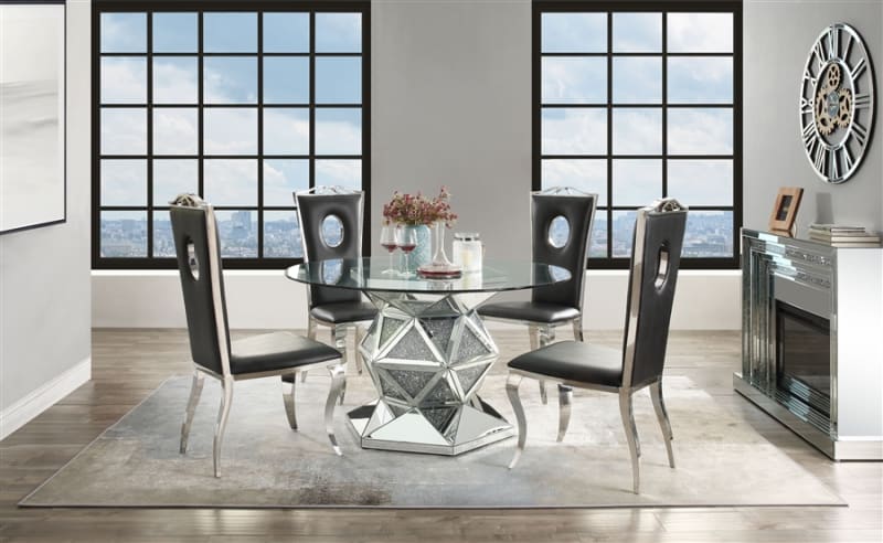 Noralie 5 Piece Round Table Dining Room Set in Mirrored, Faux Diamonds & Clear Glass Finish by Acme - 72145-62078