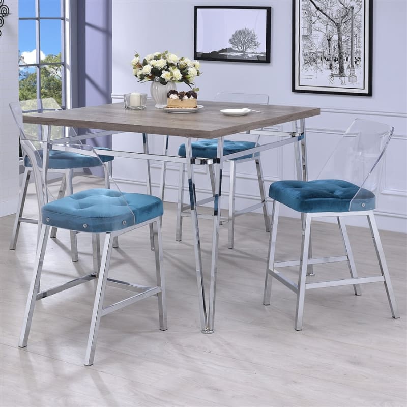 Nadie II 5 Piece Counter Height Dining Set with Teal Velvet Chairs by Acme - 72170-72175