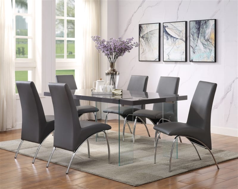 Noland 7 Piece Dining Room Set in Gray High Gloss & Clear Glass Finish by Acme - 72190