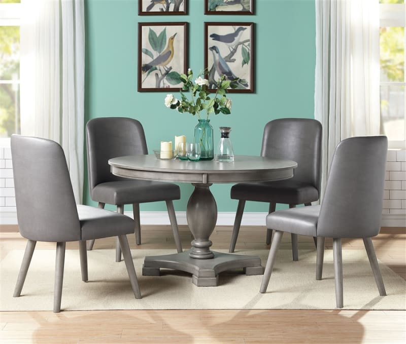 Waylon 5 Piece Round Table Dining Room Set in Gray PU & Gray Oak Finish by Acme - 72205