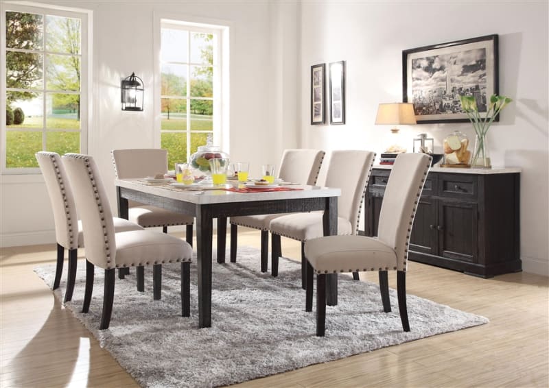 Nolan 7 Piece Dining Room Set in White Marble & Salvage Dark Oak Finish by Acme - 72850