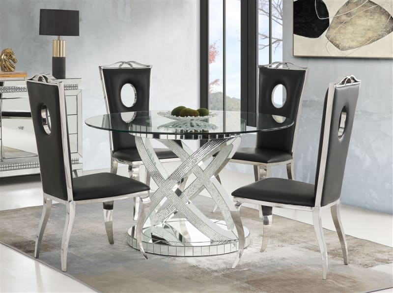 Ornat 5 Piece Round Table Dining Room Set in Clear Glass, Mirrored & Faux Diamonds Finish by Acme - 72950
