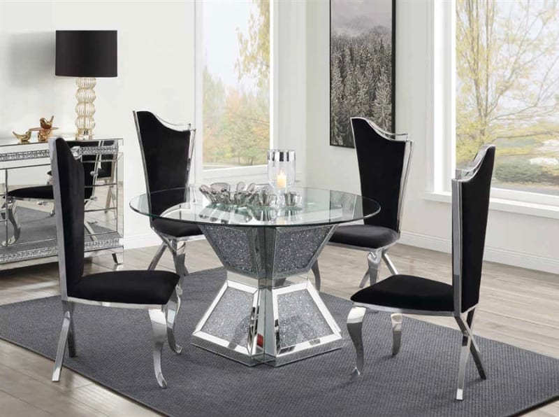 Noralie 5 Piece Round Table Dining Room Set in Mirrored & Faux Diamonds Finish by Acme - 72960-62079