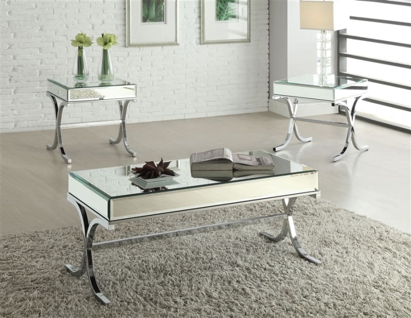 Yuri 3 Piece Occasional Table Set in Mirrored Top & Chrome Finish by Acme - 81195-S
