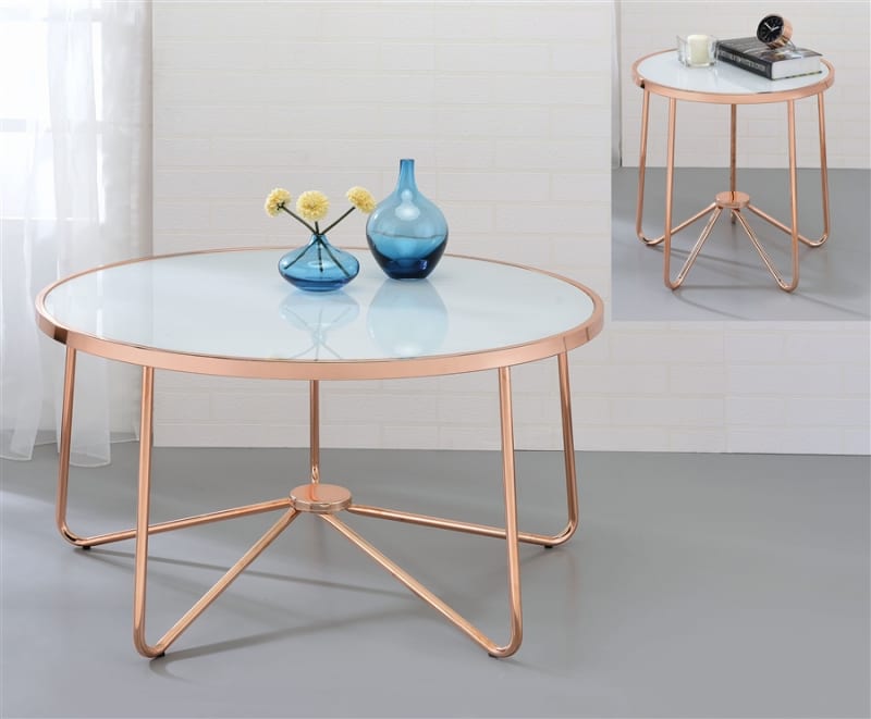 Alivia 3 Piece Occasional Table Set in Rose Gold & Frosted Glass Finish by Acme - 81835-S