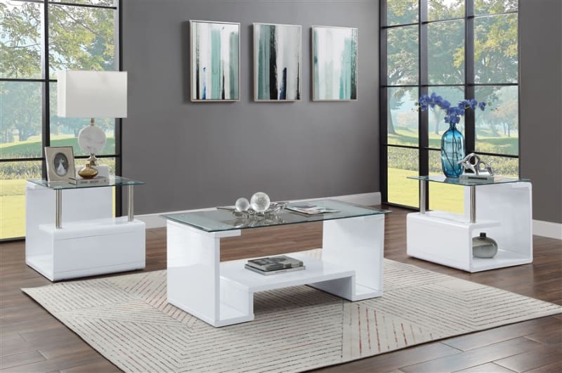 Nevaeh 3 Piece Occasional Table Set in Clear Glass & White High Gloss Finish by Acme - 82360-S