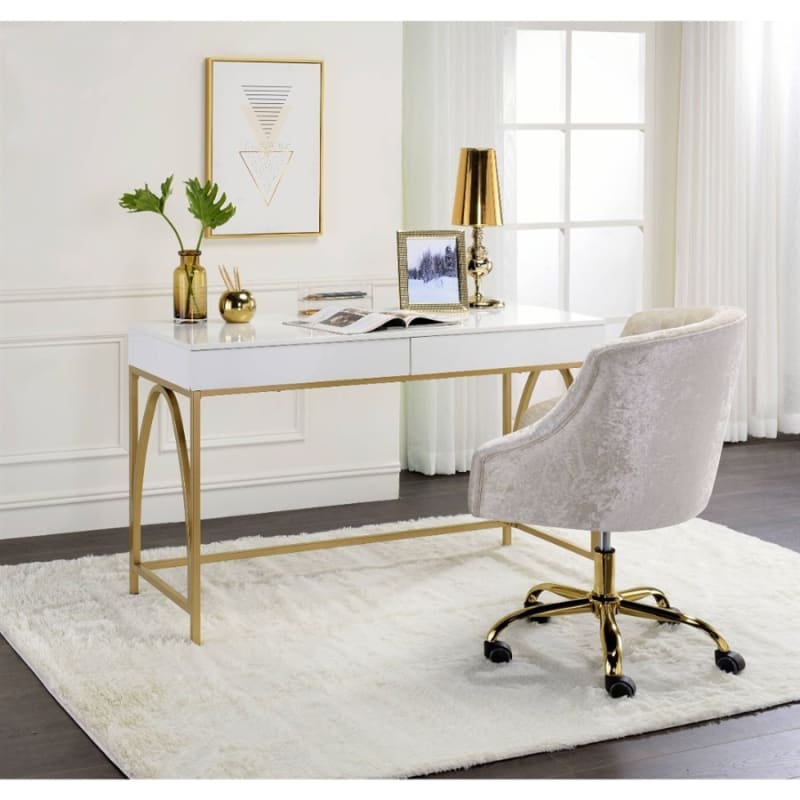 Lightmane Executive Home Office Desk in White High Gloss & Gold Finish by Acme - 92660