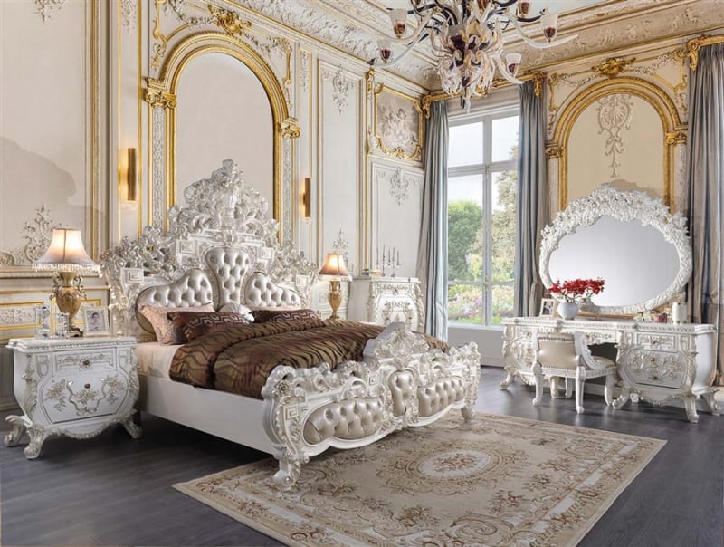 Vanaheim 6 Piece Bedroom Set in Beige Synthetic Leather and Antique White Finish by Acme - BD00671