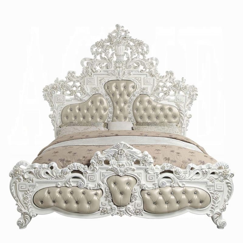 Vanaheim Eastern King Bed in Beige Synthetic Leather and Antique White Finish by Acme - BD00671EK