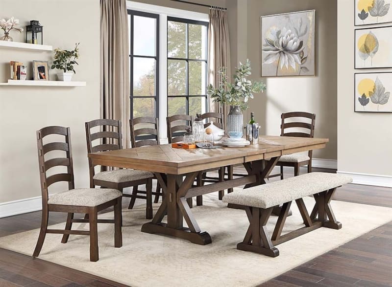 Pascaline 7 Piece Dining Room Set in Gray Fabric, Rustic Brown & Oak Finish by Acme - DN00702