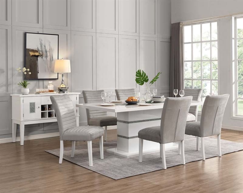 Elizaveta 7 Piece Dining Room Set in Gray Velvet, Faux Crystal Diamonds & High Gloss White Finish by Acme - DN00814