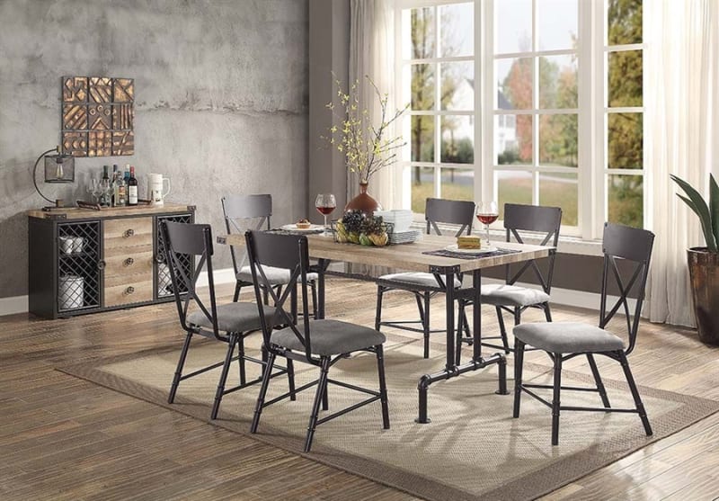 Edina 7 Piece Dining Room Set in Oak & Sandy Black Finish by Acme - DN01057