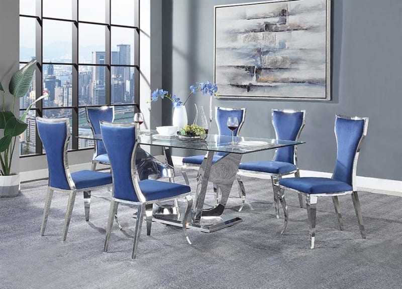 Azriel 7 Piece Dining Room Set in Clear Glass, Blue Velvet & Mirrored Silver Finish by Acme - DN01191