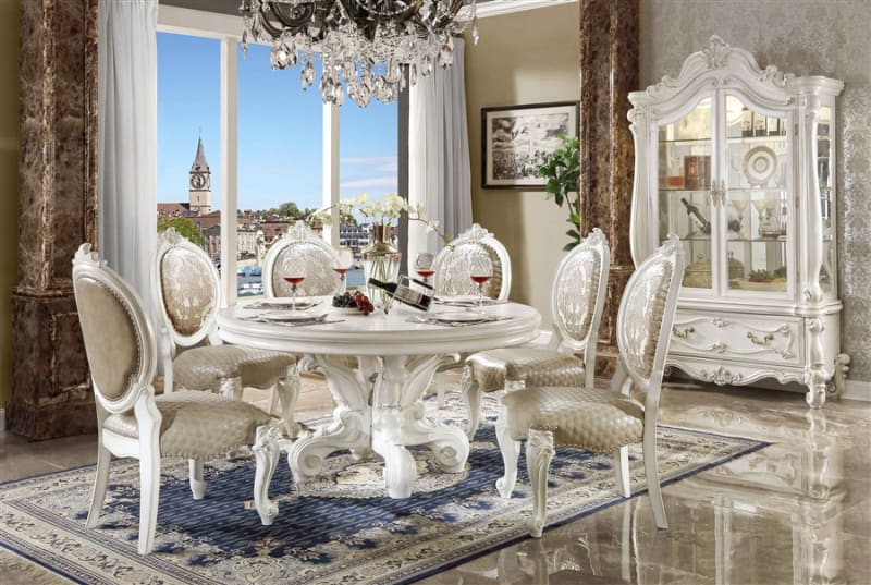 Versailles 5 Piece Round Table Dining Room Set in PU & Bone White Finish by Acme - DN01388