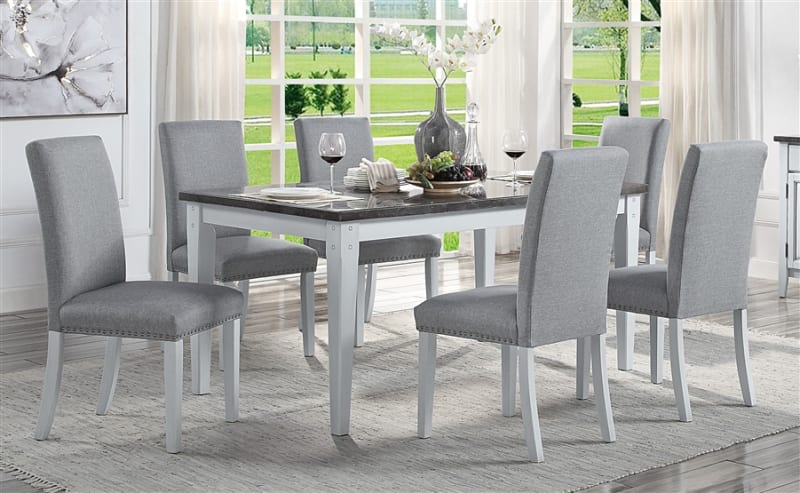 Lanton 7 Piece Dining Room Set in Natural Marble Top, Gray Linen & Antique White Finish by Acme - DN01451
