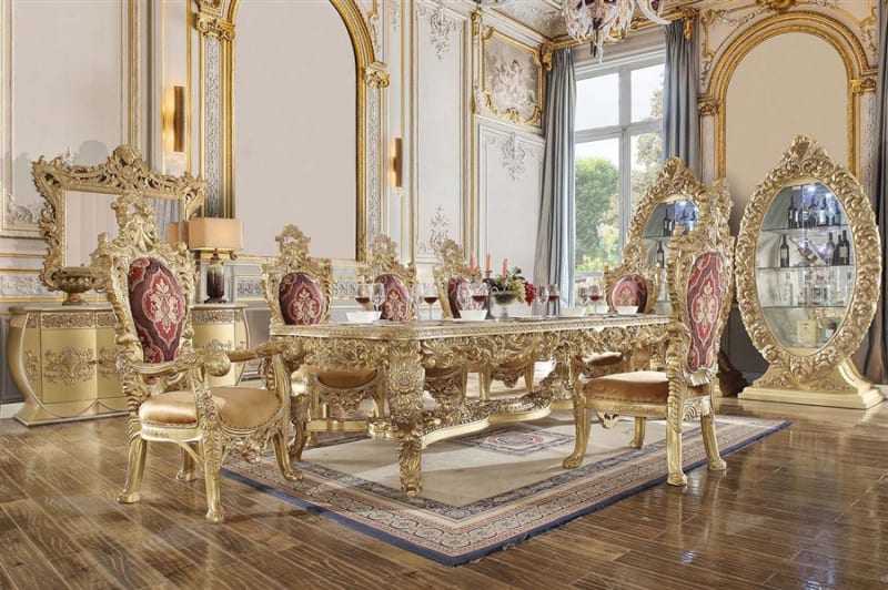 Bernadette 7 Piece Dining Room Set in Pattern Fabric & Gold Finish by Acme - DN01470