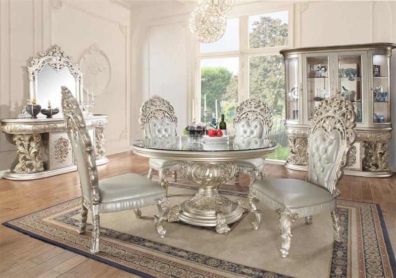 Sandoval 5 Piece Round Table Dining Room Set in Beige Synthetic Leather & Champagne Finish by Acme - DN01493