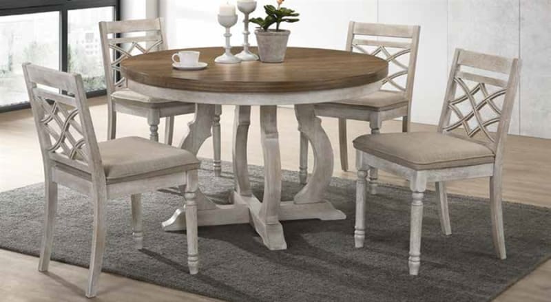 Cillin 5 Piece Round Table Dining Room Set in Fabric, Walnut & Antique White Finish by Acme - DN01805