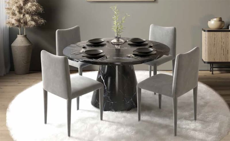Hollis 5 Piece Round Table Dining Room Set in Gray Velvet & Engineered Stone Finish by Acme - DN02155