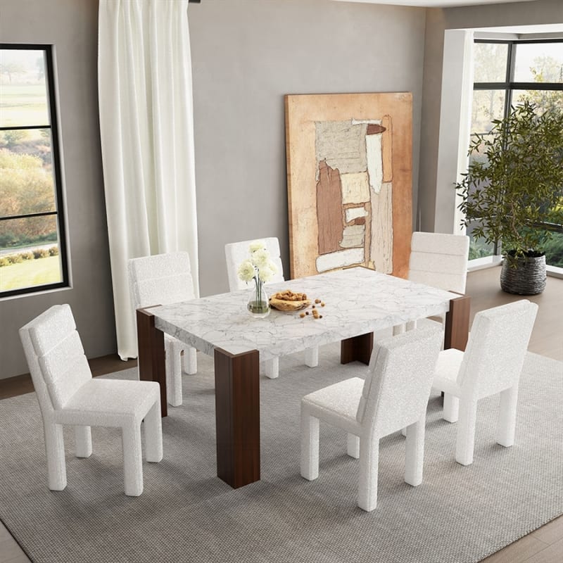 Hettie 7 Piece Dining Room Set in Beige Boucle and Walnut Finish by Acme - DN02157-DN02128