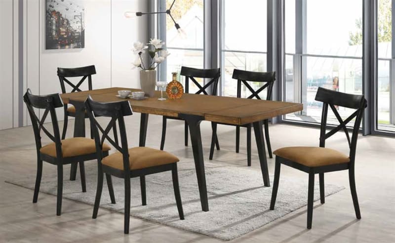 Hillary 7 Piece Dining Room Set in Brown Leather Aire, Walnut & Black Finish by Acme - DN02305