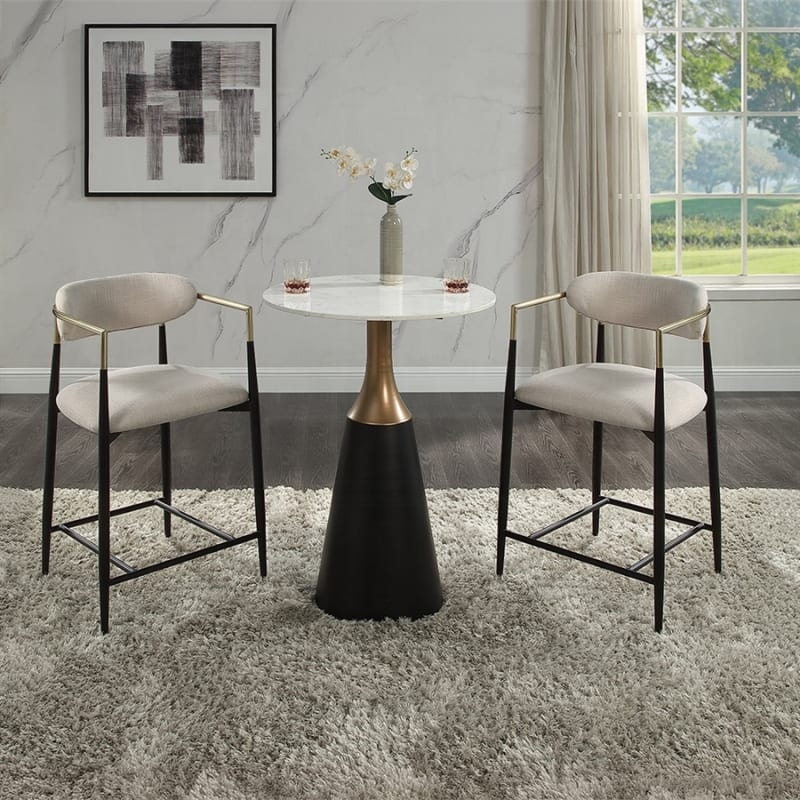 Jaramillo 3 Piece Counter Height Dining Room Set in Beige Linen and Black Finish by Acme - DN02655-DN02717