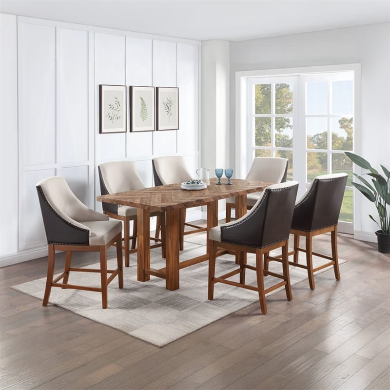 Gilsea 7 Piece Counter Height Dining Room Set in Brown Synthetic Leather and Brown Finish by Acme - DN03725