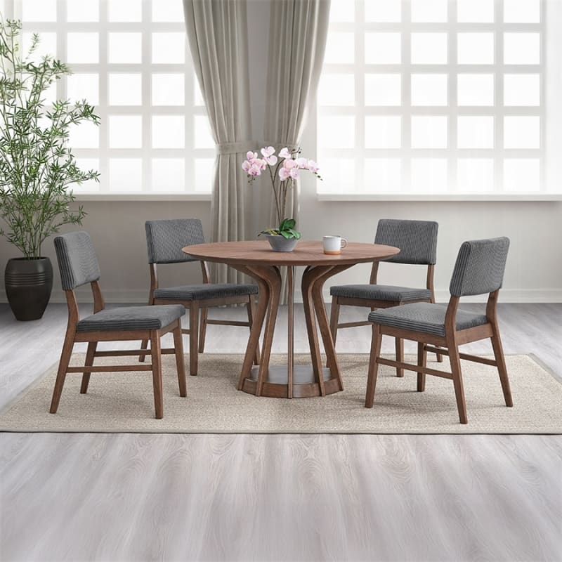 Seda 5 Piece Round Dining Room Set in Gray Corduroy and Walnut Finish by Acme - DN04190-DN04192