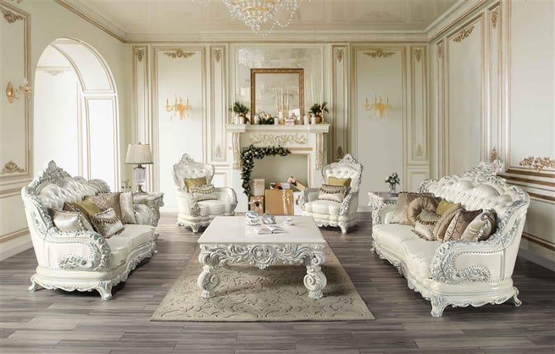 Adara 2 Piece Sofa Set in White PU & Antique White Finish by Acme - LV01224-S
