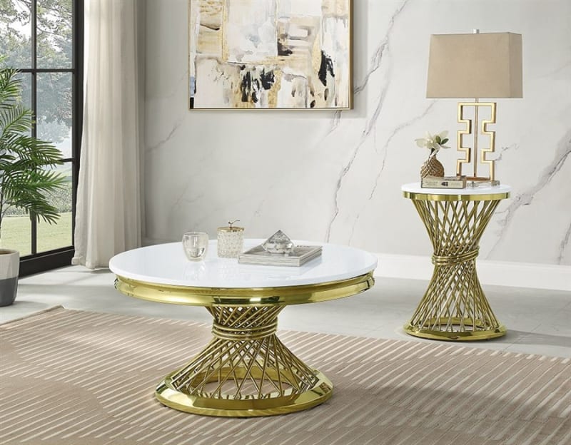 Fallon 3 Piece Occasional Table Set in Engineered Stone Top & Gold Finish by Acme - LV01957-S